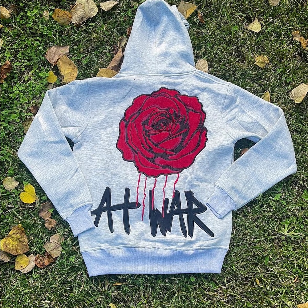 Gray Hoodie Sweatshirt with Red Rose Back Graphic